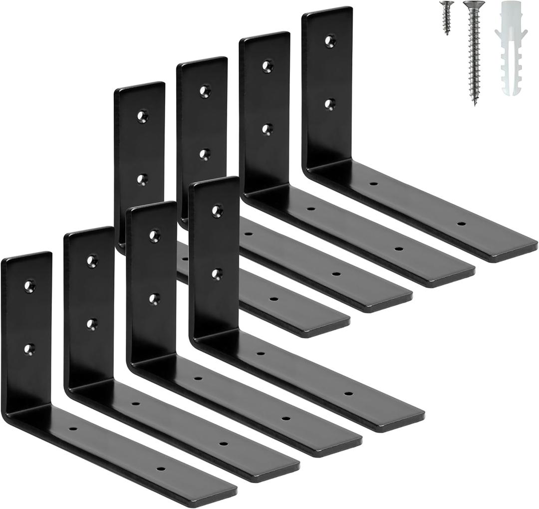 ELSKER&HOME Shelf Brackets 6 Inch, 8 Pack Floating Shelf L Brackets for Shelves Support, Black Metal Heavy Duty Shelf Brackets for DIY Decorative