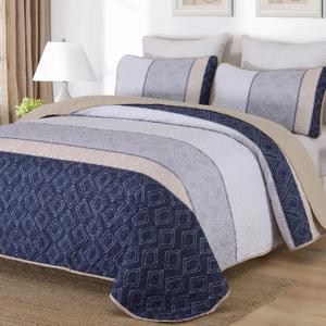 Cottolester Boho Quilt Set Queen Size 3 Pieces,Khaki and Navy Blue Striped Bedspread Coverlet Set,Bohemian Bedding Set Soft Microfiber Bedding Set for All Season 96"x90"