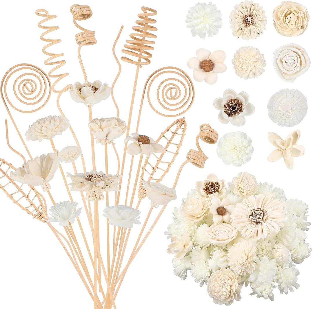 Cindeer 200 Pcs Reed Diffuser Sticks Set Include 10 Style 100 Pcs Natural Rattan Flower Reed 7 Style 100 Pcs Mixed Fragrance Diffuser Rattan Reed Fragrance Diffuser Replacement for Home Fragrance