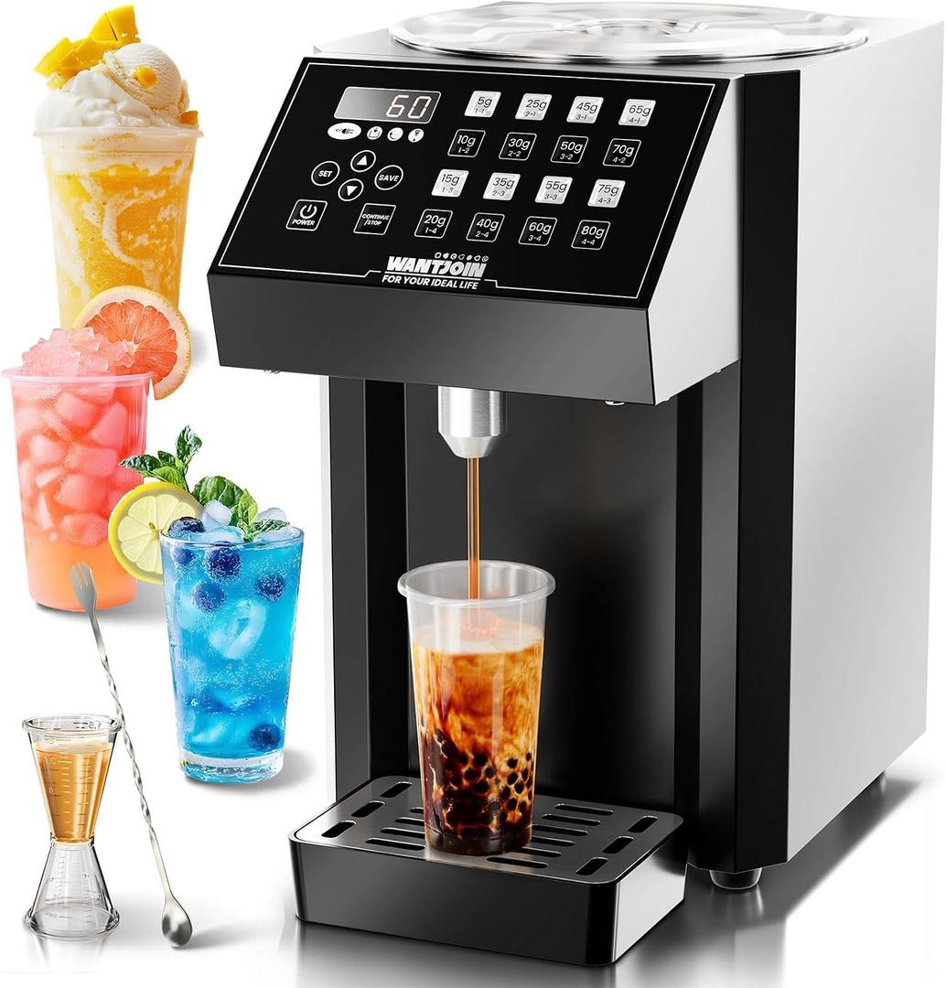 WantJoin Fructose Dispenser - Stainless Steel Automatic Syrup Dispenser with 16 Programmable Presets, Drip Tray, Measuring Cup & Mixing Stick - for Bubble Tea, Coffee, Juice Bar Commercial Use, Black