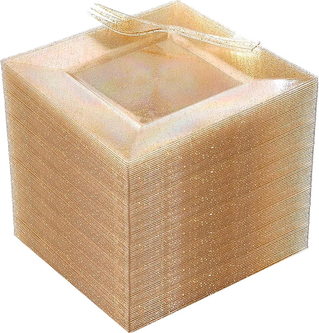 DaYammi 200Pcs Gold Dessert Plates Including 100Pcs Appetizer Plates 6",100Pcs Plastic Forks 5.7",Gold Glitter Plastic Square Plate for Party,Gold Salad Plate and Cake Forks for Party Wedding