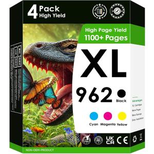 Compatible Ink Cartridge Replacement for 962XL Ink Cartridges. Works with Officejet 9010 9012 9013 9014 Printers. 4 Pack (Black, Cyan, Magenta, Yellow)