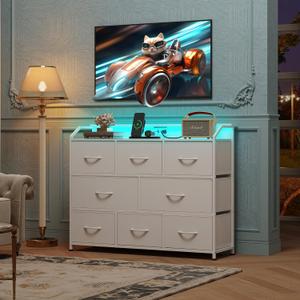 WLIVE Led Dresser for Bedroom, Beige Dresser TV Stand for Bedroom with LED Lights and Power Outlet, Wide Chest of Drawers for Hallway, 8 Fabric Drawers for Living Room and Entryway, Easy to Assemble