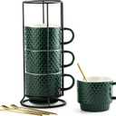 LYEOBOH Coffee Mug Set Porcelain Stackable Coffee Mugs with Stand and Spoons, 13 OZ. Cappuccino Cup Demitasse Cups for Drinks, Espresso, Latte,Set of 4, Dark Green