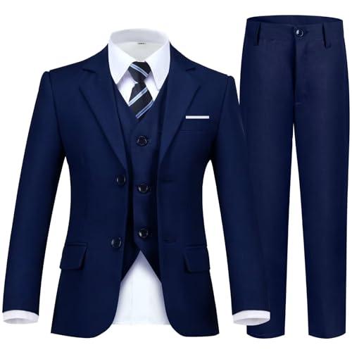 Boy Suit Formal 5 Piece Slim Fit Suit Blazer Toddler Teen Boys Tuxedo Jacket Solid Navy Blue Suit for Kids Prom Wedding Ring Bearer Size 8Y