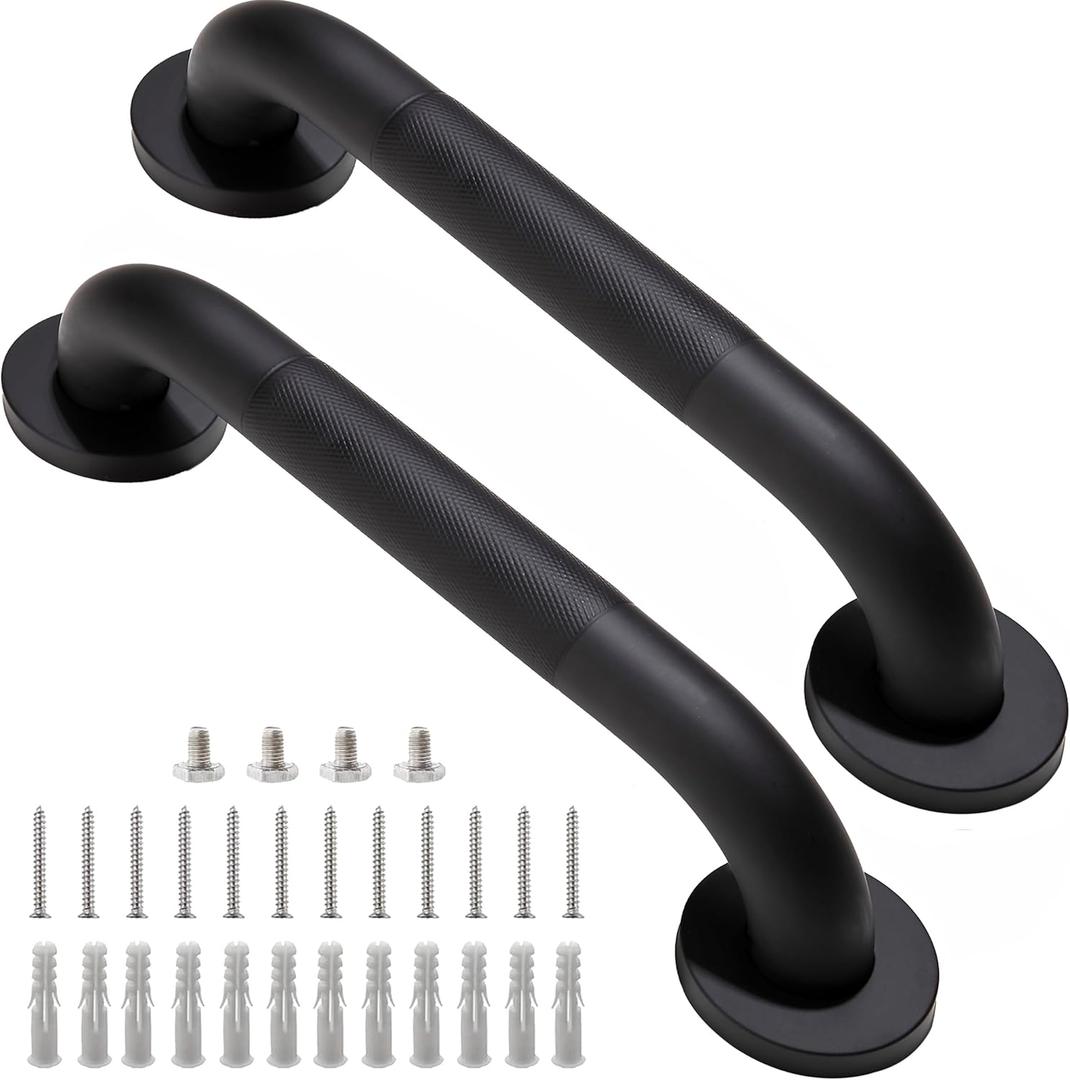 Shower Grab Bar, 2 Pack 12 Inch Black Bathroom Grab Bar, 1.25" Diameter 304 Stainless Steel Anti-Slip Grab Bars for Bathtubs and Showers, Handicap Shower Grab Bar for Seniors Elderly