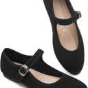BABUDOG Womens Mary Jane Flats with Strap,Faux Suede Black Flats Shoes,Flats Shoes Women Dressy Comfortable(Black 08)