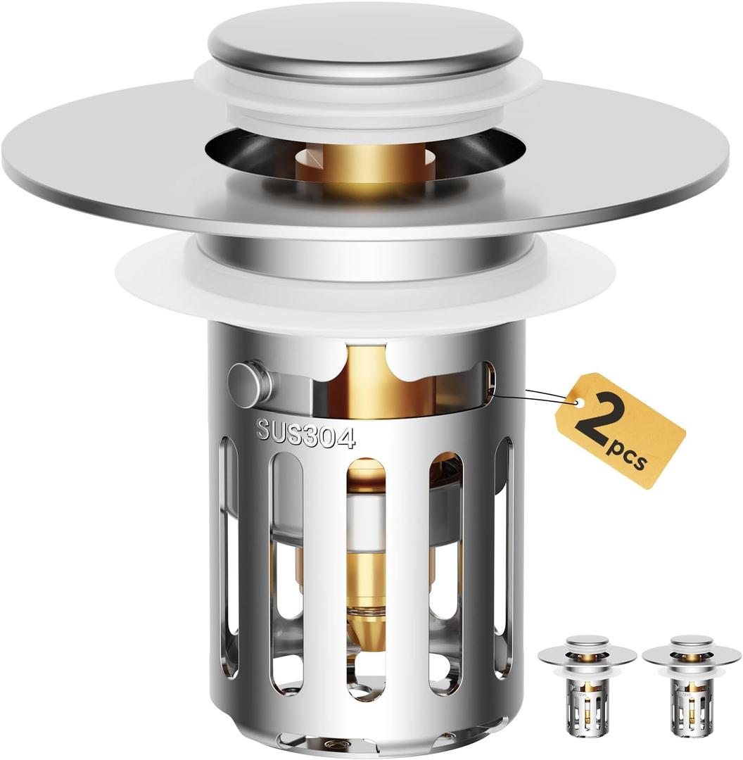 2 Pack Bathroom Sink Stopper, Pop-Up Drain Stopper with Hair Catcher, All Metal Brass Core & Stainless Steel, Anti-Clog Bathroom Sink Drain Strainer, Universal Fit 1.1"2.36" (Chrome)