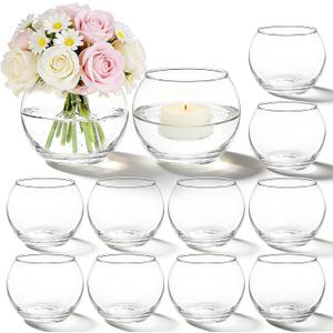 PINIWON Set of 12 Clear Glass Tealight Candle Holder, 3'' H x 3.9'' W, Small Bubble Vases, Round Bowl Votive Candle Holders Bulk for Wedding Table Centerpiece Home Decor (Large)