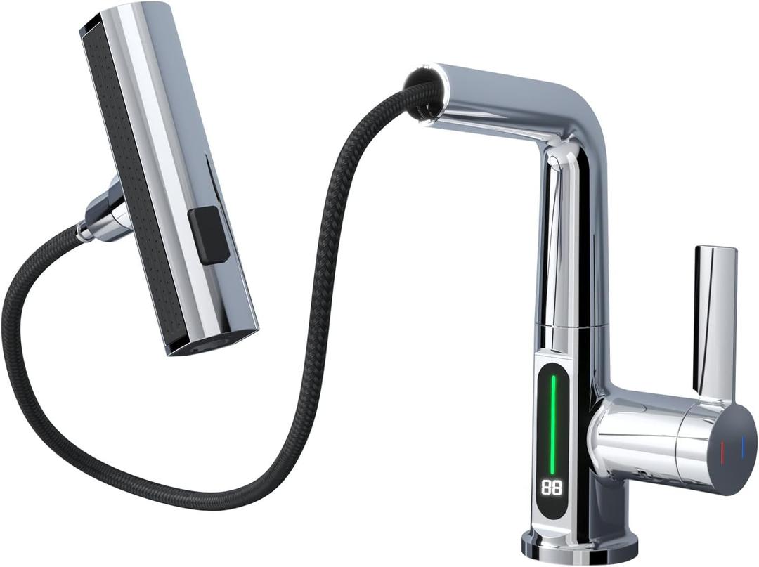 BARROCK Waterfall Bathroom Faucets with Pull Down Sprayer, Modern Pull Out Bathroom Sink Faucet with Fahrenheit Digital Temperature Display, Height Adjustable Basin Tap No Battery Needed, Chrome