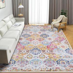 6x9 Vintage Area Rugs for Living Room, Luxury Non-Slip Bedroom Rug, Distressed Traditional Floor Carpet for Dining Room Kitchen, Washable Throw Entryway Carpet for Laundry, Flowers Sea