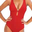 CUPSHE Women's One Piece Swimsuit Deep V Neck Keyhole Cutout O Ring Textured Bathing Suit (Medium)