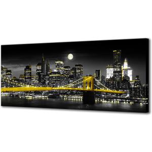 Biuteawal Black and White Yellow Canvas Print New York City Brooklyn Bridge at Moon Night Picture Photo Painting Cool Manhattan Skyline Artwork Modern Home Office Wall Decoration Ready to Hang, 48"L x 20"W