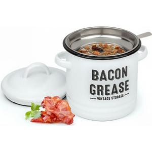 Granrosi Bacon Grease Container with Strainer - 36OZ Stainless Steel Bacon Grease Saver with Airtight Lid; Farmhouse Style Strainer - White