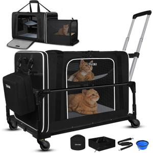 Petskd Side Expandable Extra Large Cat Carrier with Wheels and Litter Box, 24"x17"x17" Soft-Sided Pet Carrier for 2 Cats Under 55 lbs with Zipper Locks for Car Travel (Black)