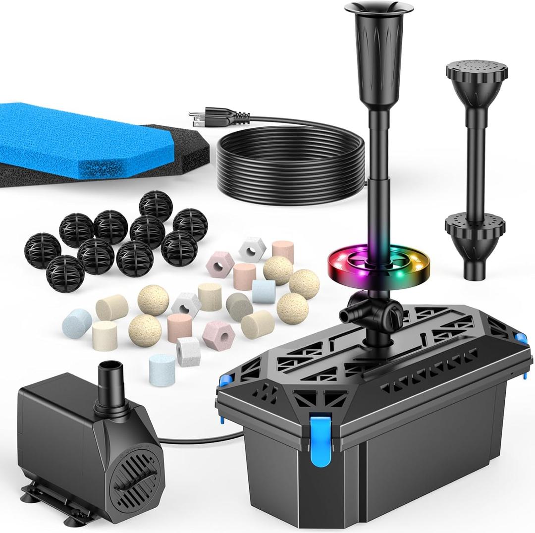 Antfraer Pond Filter with LED Lights, RGB Pond Filter with 660GPH Pump Fountain Kit, Filter Box with RGB Auto-Cycle LED Lights & 3 Spray Modes for Outdoor Ponds Clean Clear and Build Water Features
