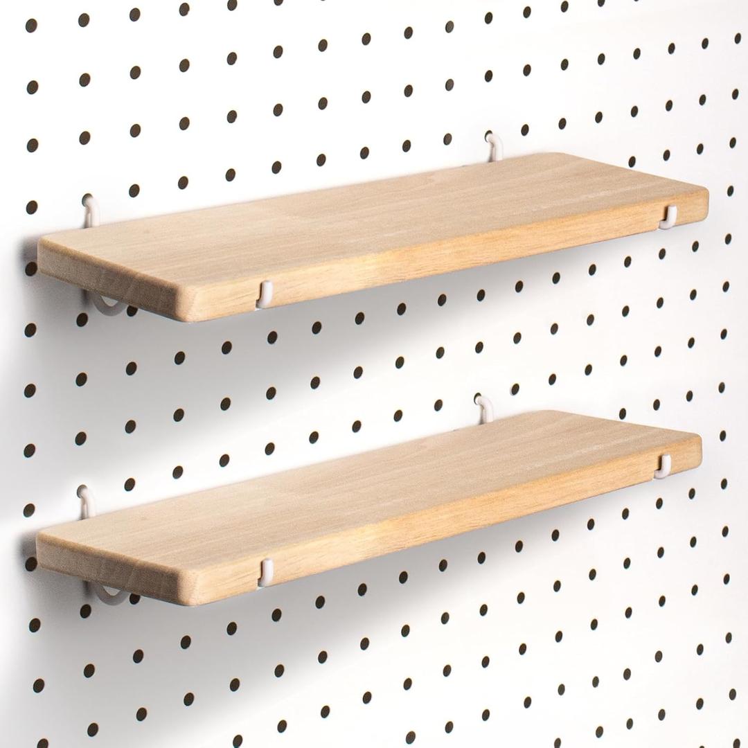 Solid Wood Pegboard Shelf, High Balance and No tilt, Pegboard Accessories, Wooden Pegboard Shelves for 1/4" Metal Pegboard, 2 Pack
