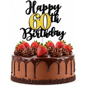 16 x 60th Birthday Cake Topper for Men & Women, Black and Gold Party Decorations, One Size