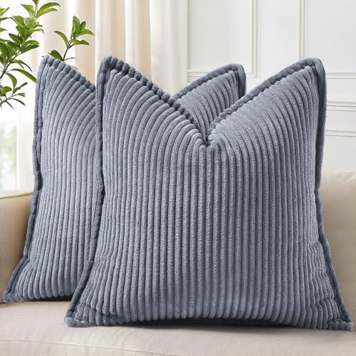 decorUhome Spring Corduroy Blue Grey Throw Pillow Covers 18x18 Set of 2 Decorative Soft Boho Farmhouse Couch Pillow Covers for Living Room Bed Sofa Broadside Striped Pillow Cases