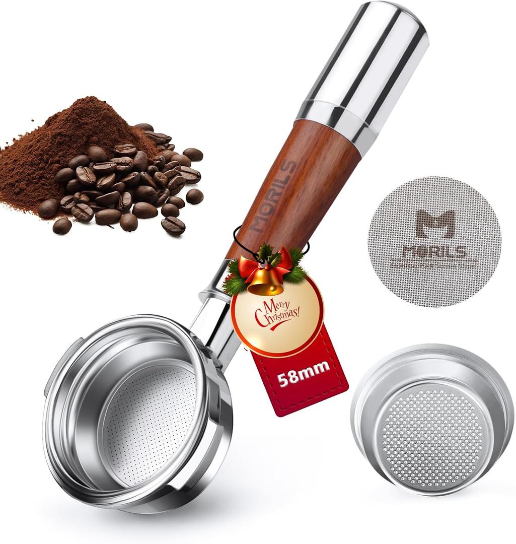 Bottomless Portafilter 58mm with Double Shot Filter Basket & Premium Walnutwood Handle, Portafilter with Puck Screen Compatible with All Breville 58mm Machines, Espresso Accessories, Silver (58mm Fits E61/2 Ears)