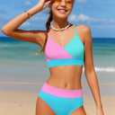 Girls Swimsuit V Neck Bikini Set Color Block with Cover Up 3Pcs Bathing Suits,13-14 Y