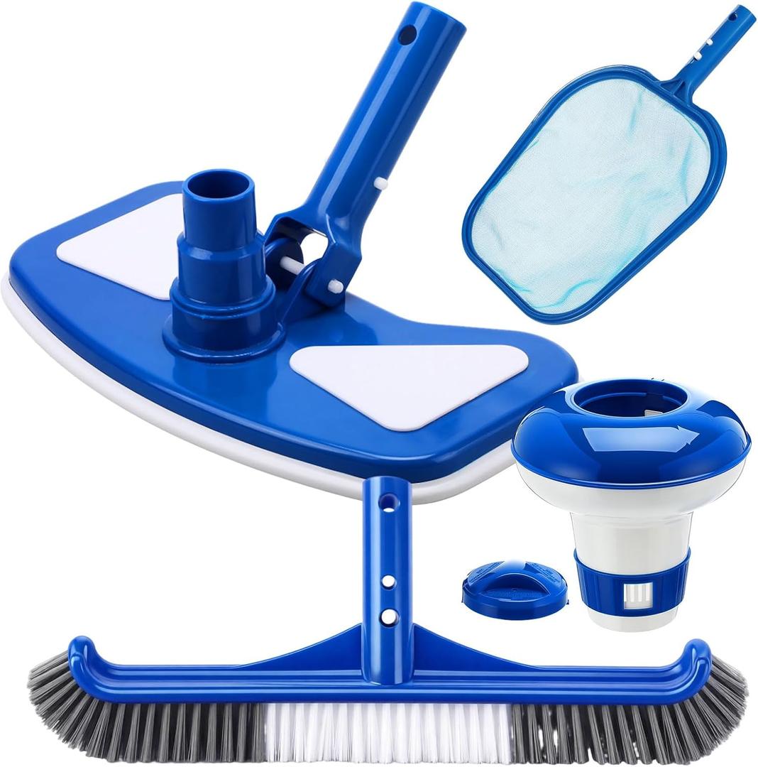 Potchen 4 Pcs Pool Cleaning Kit for Above Ground, Includes Vacuum Head, Brush Head, Mesh Skimmer Net and Pool Chlorine Floater, Perfect for Spa Hot Tub Walls Floors Maintenance(Round Corner)