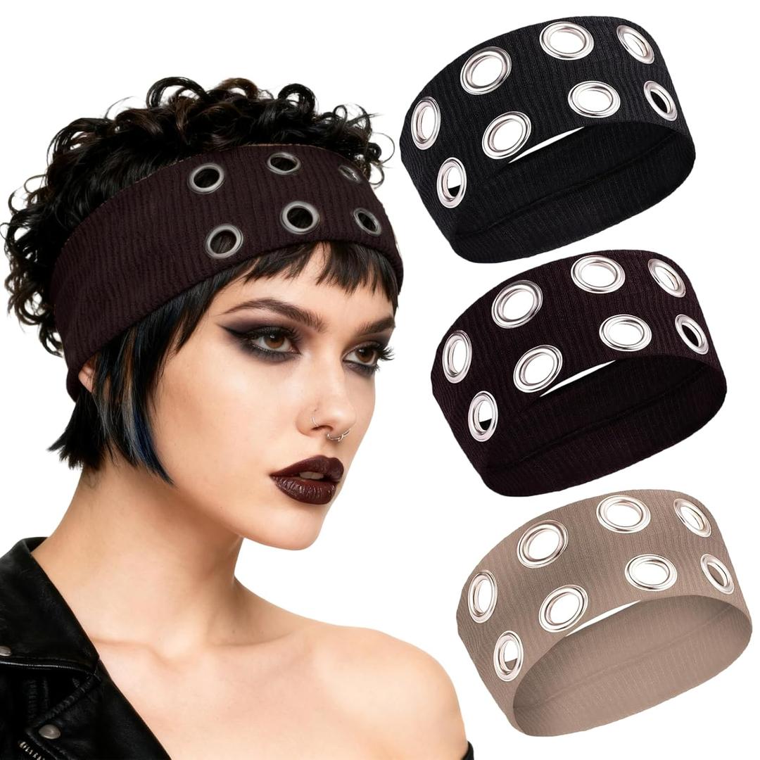 3 Pack Grommet Headband For Women, Hollow Out Eyelet Headbands Y2K Punk Grunge Wide Hair Bands Stretchy Fashion Hair Accessory for Halloween party