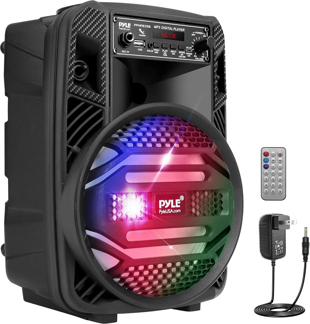 Pyle Portable Bluetooth PA Speaker System - 300W Rechargeable Outdoor Bluetooth Speaker Portable PA System w/ 8 Subwoofer 1 Tweeter, Microphone In, Party Lights, MP3/USB, Radio, Remote -PPHP835B