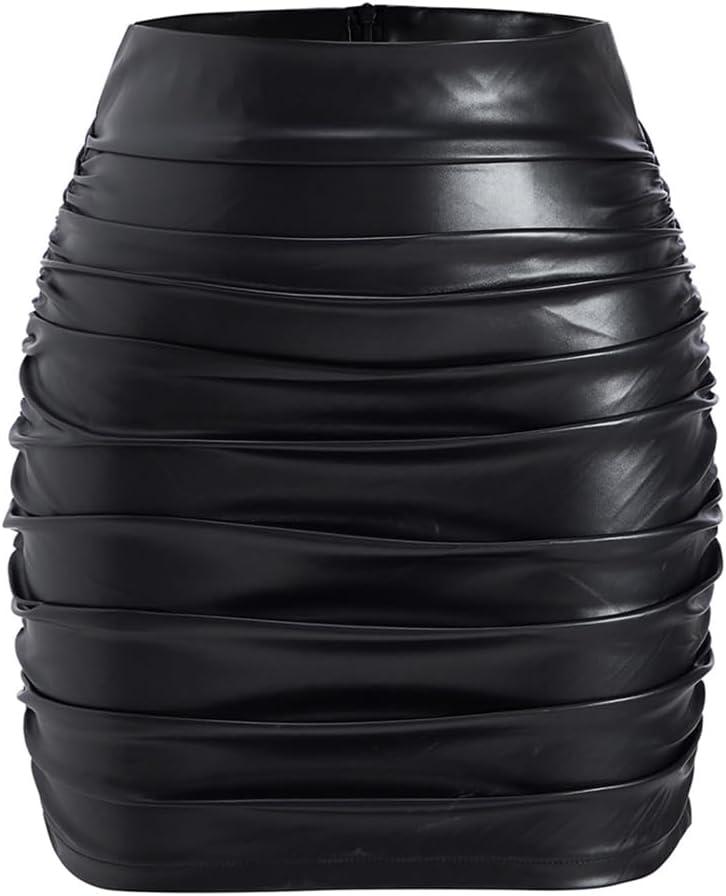 Women's Sexy Ruched Bodycon Skirt High Waist Solid Color Mini Skirts Party Club Wear (Black, M)