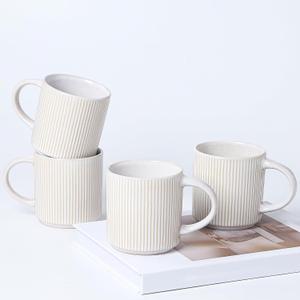 Coffee Mugs Set of 4, 12 OZ Ceramic Coffee Mugs with Handle, Vertical Stripes Coffee Cups Set for Latte/Tea/Cocoa/Milk, Microwave and Diahwasher Safe (Beige)