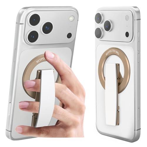 RESPECTED-BRO-Magnetic-Phone-Grip-Stand, Magnetic Phone Ring Holder Kickstand with Silicone Finger Strap, Compatibility for iPhone 17/16/15/14/13/12, Android, and More (White)