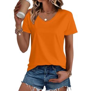 SMENG Women's Cotton V Neck T-Shirt Short Sleeve Solid Color Tee Casual Fit Tee Breathable Summer Fashion Tops (Orange, S)
