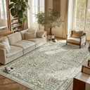 Washable Area Rug 6x9 - Oriental Vintage Dining Room Rug for Living Room, Bedroom, Kids Playroom & Baby Nursery - Low Pile, Non-Slip, Lightweight & Stain Resistant (Beige)