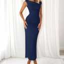 BTFBM Women 2025 Summer One Shoulder Bodycon Ruched Maxi Dress Slit Mesh Long Formal Cocktail Fall Wedding Guest Dresses (Blue, L)