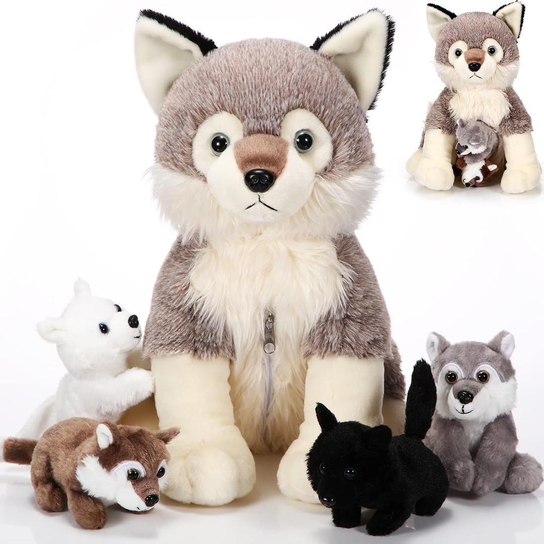 Honoson 5 Pcs Wolf Plush Toy Set 14 Inch Mommy Wolf Stuffed Animal with 4 Babies Soft Plushie for Boys Girls Birthday Gifts(Cute)