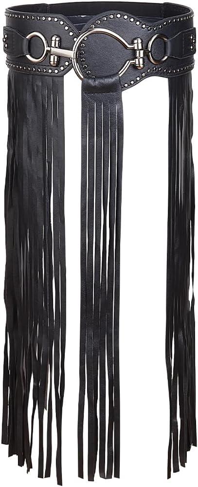 GORGECRAFT PU Leather Tassel Waist Belt Black Vintage Punk Wide Long Fringe Dress Belt Adjustable Women Jeans Skirt Boho Waistband Gothic Body Harness for Halloween Party Dance Cosplay Costume
