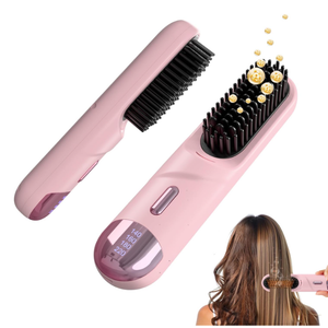 Go Brush Pro for Short Hair 2026 Hair Straightener Brush 300M Negative Ions,Portable Cordless Straightening Comb for Women,Fast Heating 4 Temps for FrizzFree Smooth Hair Travel Gift Light Pink