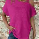 Dokotoo Womens Summer Tops Off One Shoulder Waffle Knit Short Sleeve T-Shirts Casual Lightweight Solid Color Blouses (Pink, L)