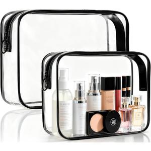 Clear Makeup Bag, 2 Pack TSA Approved Toiletry Bag for Travel Size Toiletries, Quart Size Clear Cosmetic Organizer bag for Women Men, Carry on Airport Airline Compliant Bag(Black-2pcs)