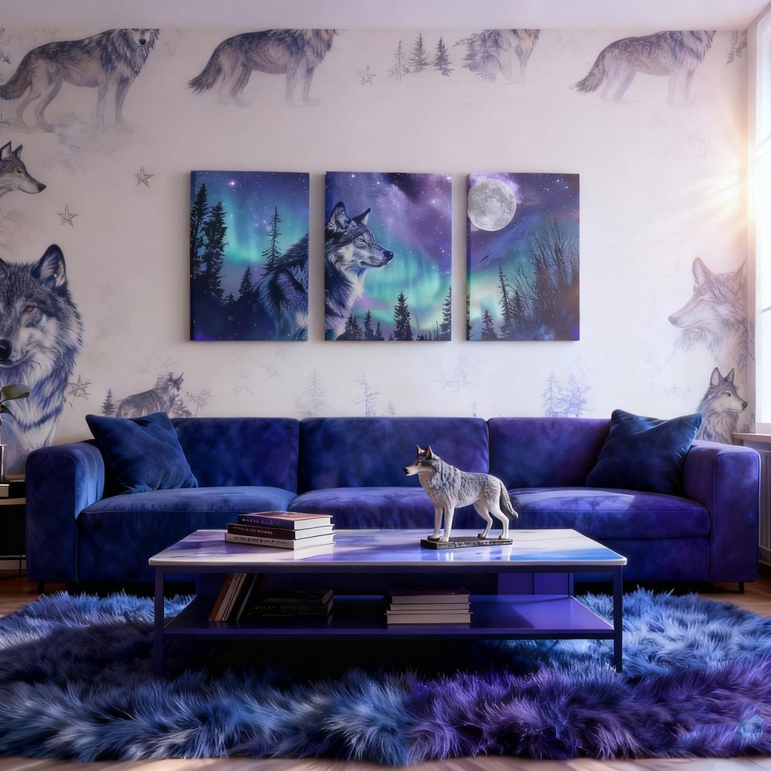 Galaxy Wolf Canvas Art Prints,Starry Sky Framed Wall Art Aesthetic Woodland Animals Wall Art for Living Room,Blue Purple Green Polar Lights Canvas Artwork Paintings 3 Piece Pictures Wall Decor