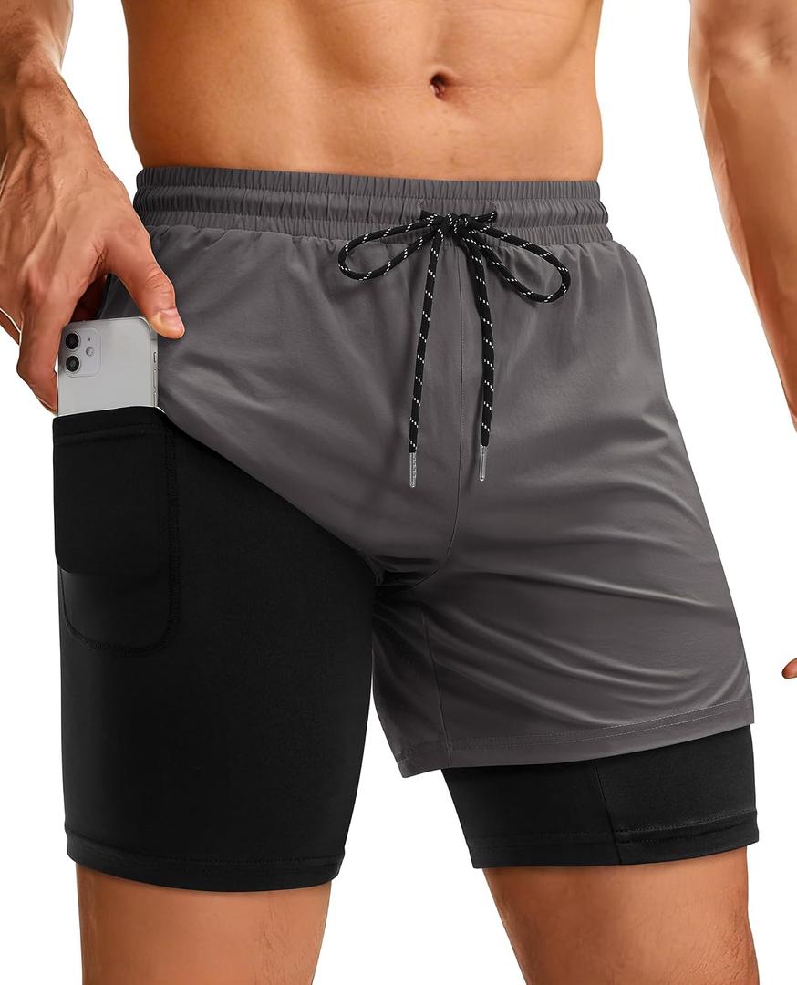 Mens Running Athletic Shorts with Zipper Pocket 5" Quick Dry 2 in 1 Liner Gym Sport Basketball Workout Swim (L)