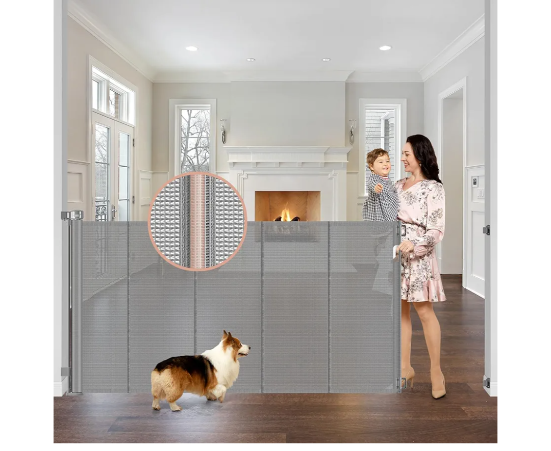 Reinforced 42" Extra Tall x 75" Wide Retractable Baby Gates with Support Rods - Prevent Crawling Under Extra Tall Pet Gate Indoor Mesh Baby Gates for Dogs Outdoor Retractable Gate, Gray