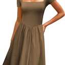 CHYRII Women Fashion Summer 2025 Square Neck Short Sleeve A-Line Midi Dress Long Sundress (Brown, M)