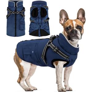 Dog Winter Coat with Harness | Dog Jacket Waterproof with Zipper and Fleece | Warm Dog Coat with Reflective for Small Dogs (Navy Blue)