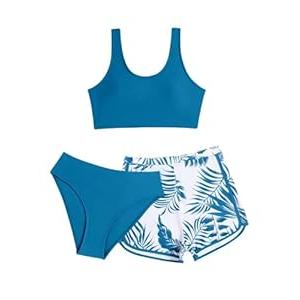 COZYEASE Girls' 3 Piece Swimsuit Tropical Print Bikini Bathing Suit with Shorts Deep Blue 12-13Y