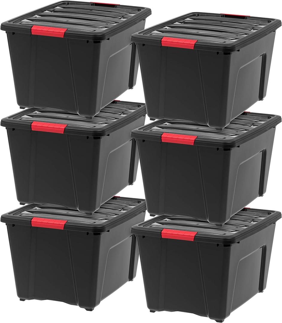 IRIS USA 54 Qt Stackable Plastic Storage Bins with Lids, 6 Pack - BPA-Free, Made in USA - Garage Organizing Solution, Latches, Durable Nestable Containers, Secure Pull Handle - Black