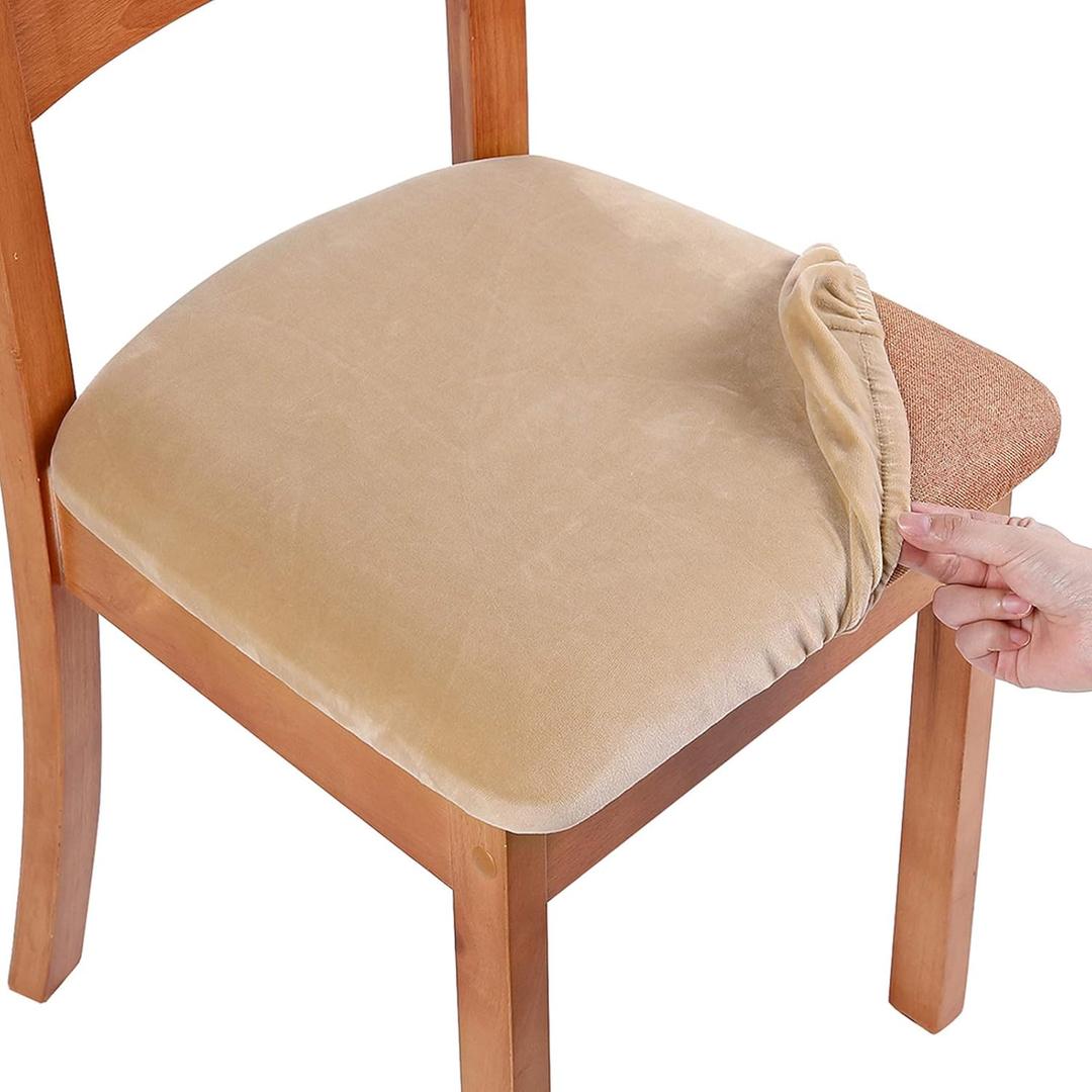 Smiry Velvet Seat Covers for Dining Room Chair Set of 6, Stretch Fit Removable Washable Chair Seat Cushion Protector Slipcovers with Ties, Beige