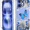 for iPhone 16 Case,[3 in 1] with Screen Protector & Camera Lens Protector, Flower Pattern Design,Clear Soft Shockproof Slim Floral Phone Cover for Women Girls 2024 6.1"(Butterfly/Blue)