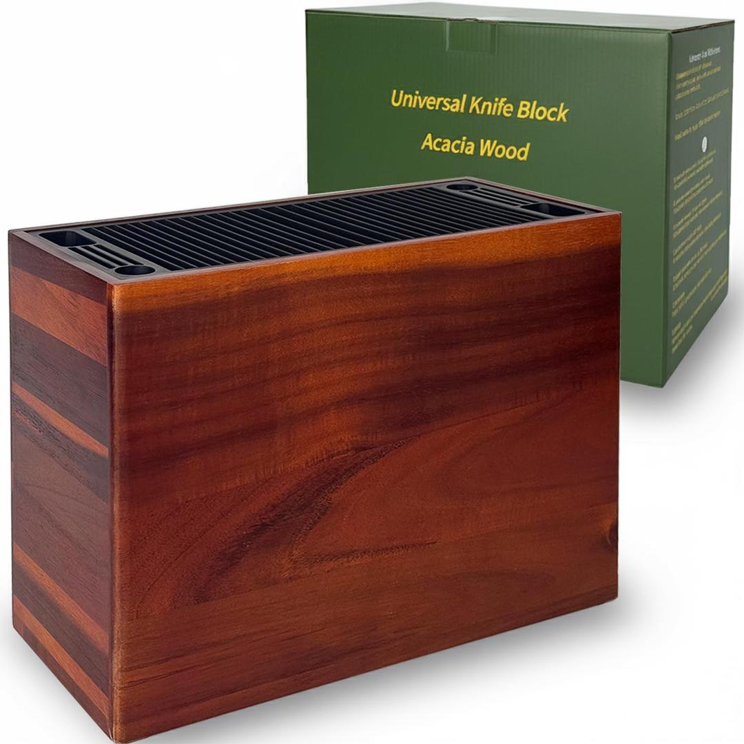 XXL Detachable Universal Knife Block for 28+ Knives, Acacia Wood Holder with Unique Easy-Clean Slots, Hygienic Countertop Storage, Dual Slots for Scissors & Sharpening Rod (11.9*5.2*9.1in)