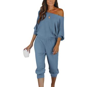 PRETTYGARDEN Two Piece Sets for Women Fall 2025 Ribbed Knit Off Shoulder Tops Lounge Pants Tracksuit Fashion Clothing (Medium, Light Blue)